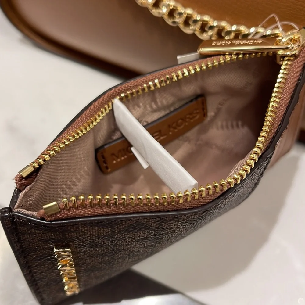 Michael Kors Jet Set Travel Medium Top Zip Card Case Wallet PVC Leathr Brown NWT